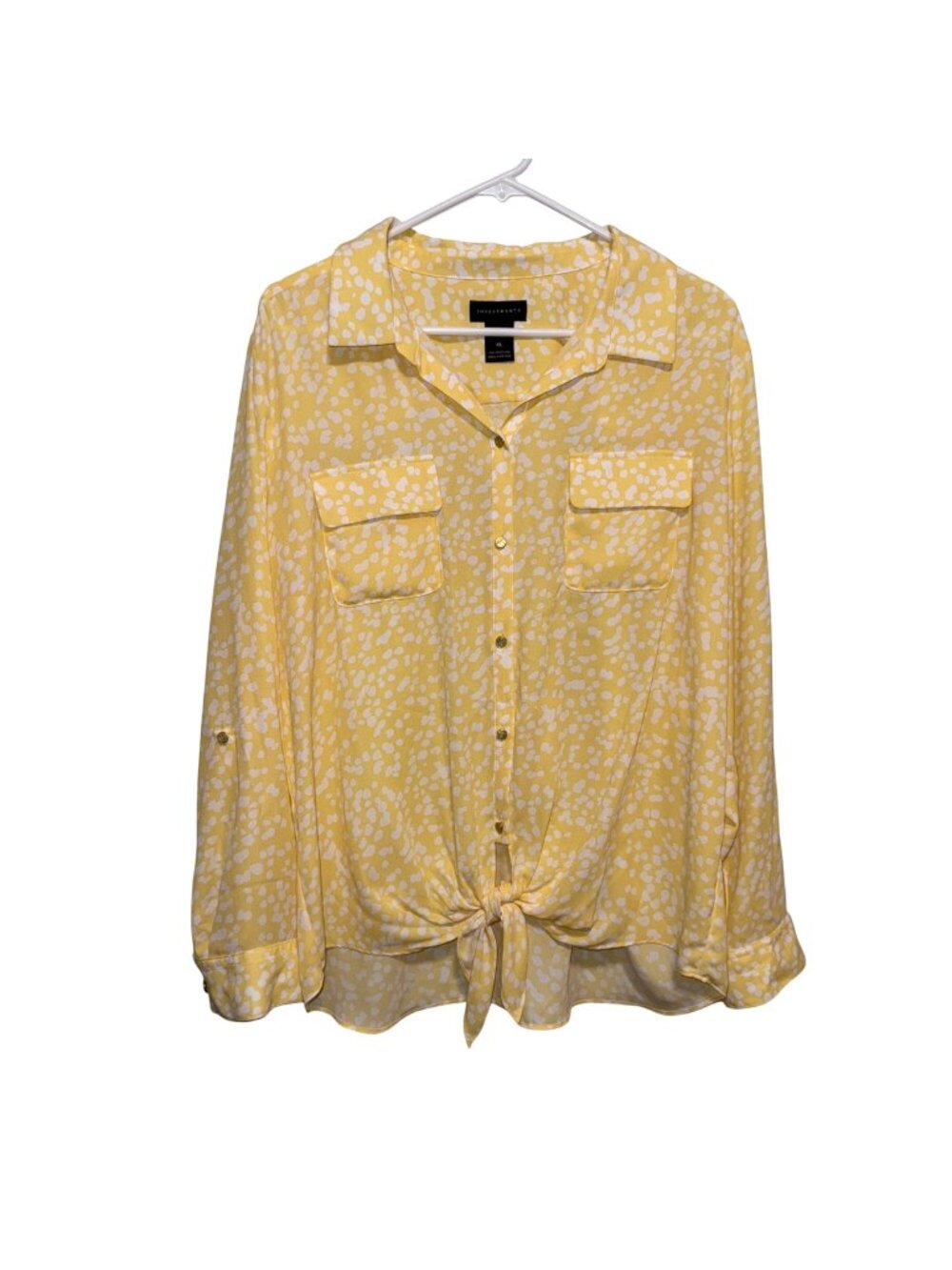 Yellow & White Button Front Tie Hem Blouse XL By Investments